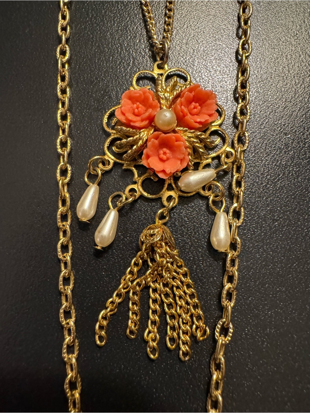Vintage 26” Gold Tone Filigree Coral Rose Pearl Tassel Necklace